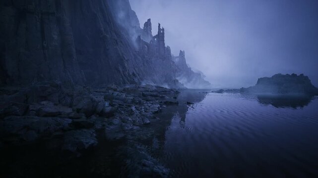 grainy noir coastline with distant fortress looming through haze, textured rocks and glassy water creating suspenseful frame, ideal for mystery, thriller