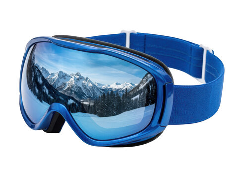 Blue ski goggles with mountain reflection isolated on transparent background