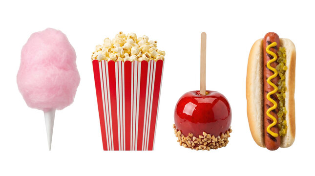 Fair food set with pink cotton candy, popcorn bucket, candy apple and hot dog isolated on transparent background.