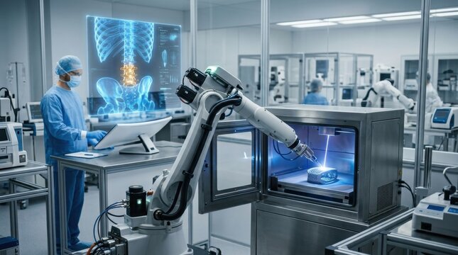 Medical facility showing advanced robotic technology for surgical procedures with a healthcare worker monitoring activity