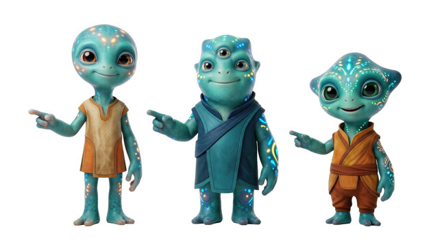 Three alien characters pointing left isolated on transparent background.
