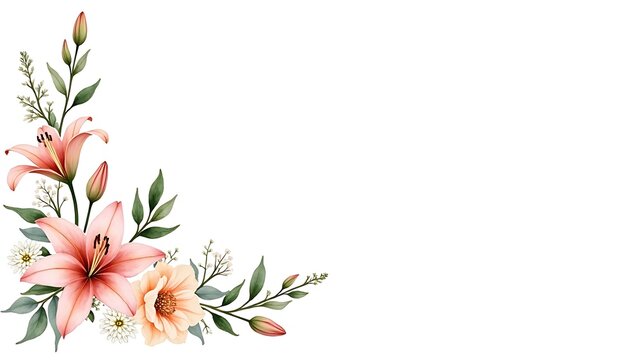 Beautiful watercolor corner border arrangement with soft pink lily flowers and green leaves