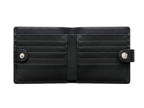 Open black leather wallet with card slots isolated on transparent background