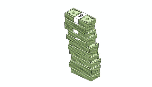 Tall stack of green dollar bills tied with a white band featuring a black dollar sign against a plain white background.
