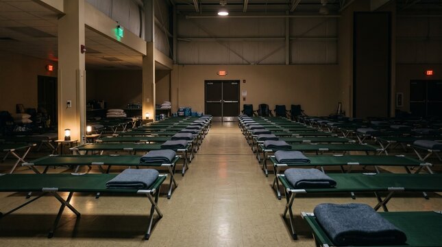 emergency shelter, low ambient light, emergency exit signs glowing, rows of empty cots with folded blankets