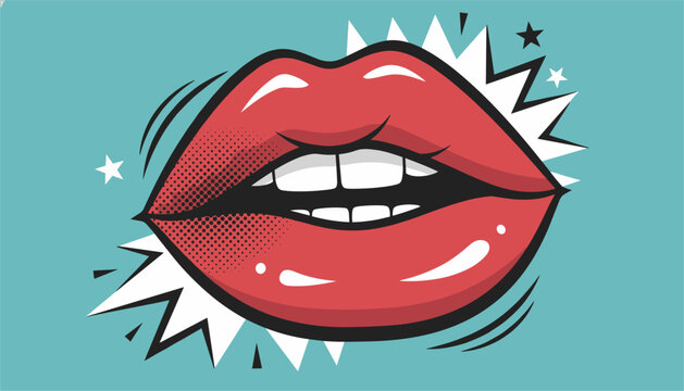 Vibrant pop art illustration of red lips and white teeth with star accents and halftone patterns on a bright teal blue background.