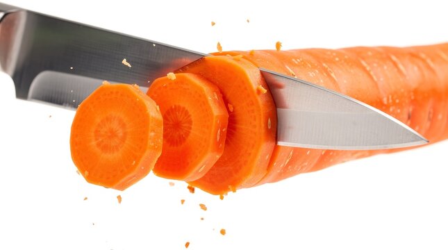 Sharp chef knife cutting fresh organic carrot slices on white background