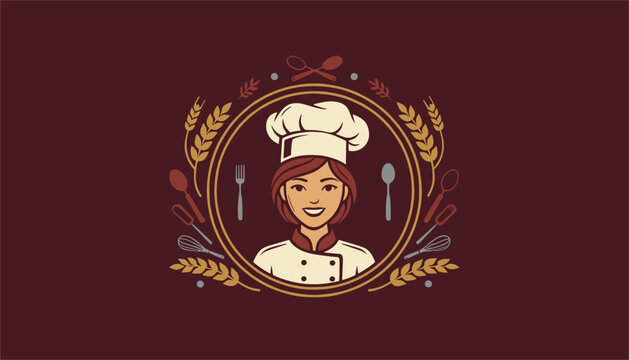 Circular professional logo depicts a female chef in uniform surrounded by stalks of wheat and various kitchen cooking utensils.