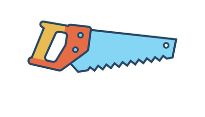 Fototapeta premium Brightly colored flat illustration of a handheld saw tool with a blue blade and an orange and yellow grip on a white background.