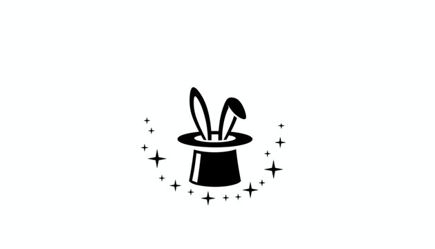 Classic magic performance icon showing a black magician's top hat with rabbit ears and sparkling stars on a white background.