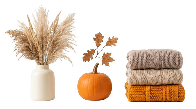 Autumn composition with pampas grass in a vase, a pumpkin, and a stack of cozy knitted sweaters isolated on transparent background