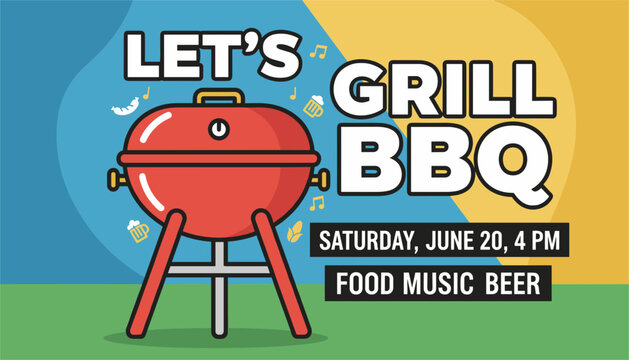 Vibrant lets grill bbq event poster featuring a red kettle grill on colorful background for backyard parties and summer cookouts.