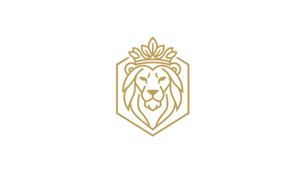 Minimalist gold line art lion head logo inside a hexagon frame on white background for majestic and strong corporate branding identity.