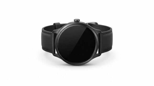 Modern black smartwatch with a round face and leather strap displayed on a flat surface