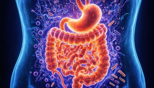 Glowing human digestive system surrounded by bacteria and microorganisms, illustrating gut microbiome and digestive health