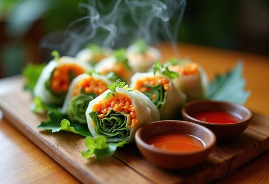 Colorful Spring Rolls with Sweet Chili Sauce on Bamboo Board Garnished with Fresh Herbs