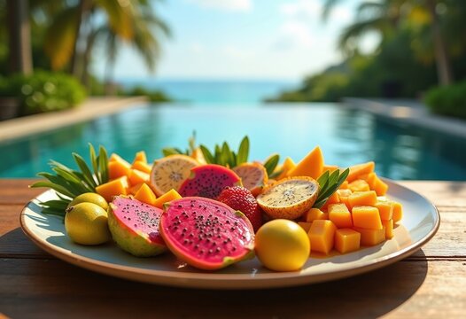 Exotic Fruit Mosaic at Infinity Pool Cabana Under Sunlit Paradise