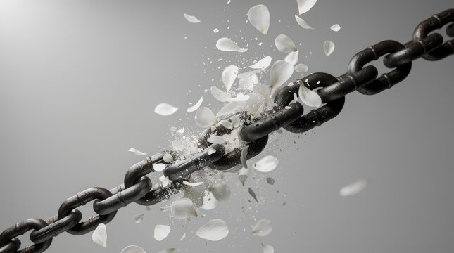 Metal chain link shattering into delicate white flower petals