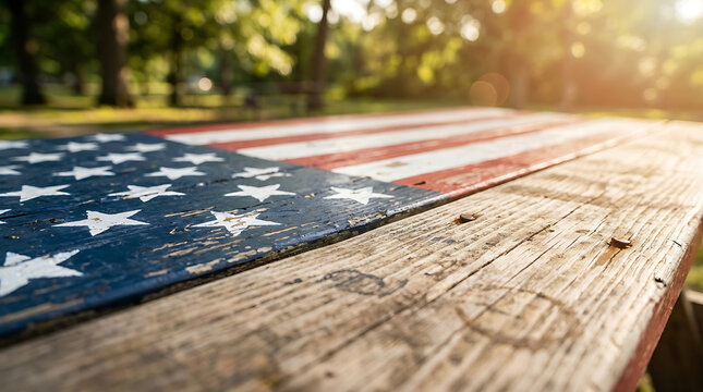 American flag painted on a rustic wooden picnic table outdoors