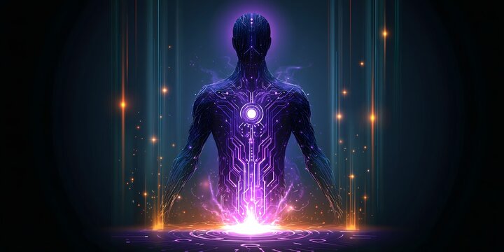 Glowing digital human silhouette with circuit patterns and radiant purple light, futuristic artificial intelligence concept illustration for technology and innovation themes