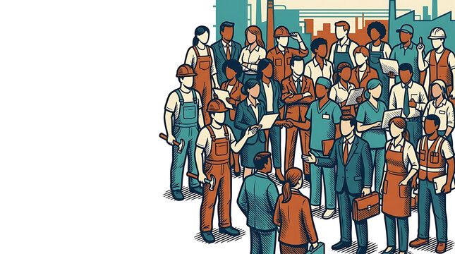 Diverse group of workers in a stylized woodcut illustration