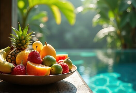 Luxury Resort Infinity Pool Cabana Surrounded by Exotic Tropical Fruits and Lush Foliage