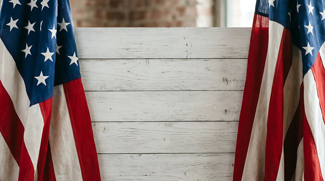 American flags framing a rustic white wooden background