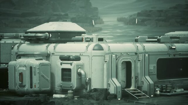 Industrial maintenance hub with external ramps, service panels, heavy plating, access ladders, scuffed metal, tool storage niches, wet ground reflections, muted
