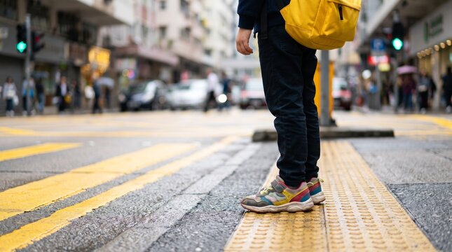 Child with yellow backpack waiting to cross a busy city street