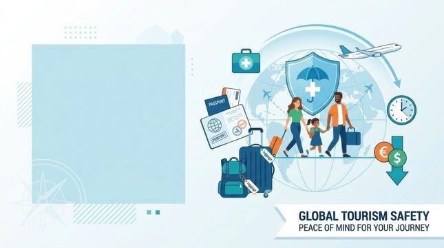 Global tourism safety tips for travelers and families with luggage, passports, and health guidance while journeying