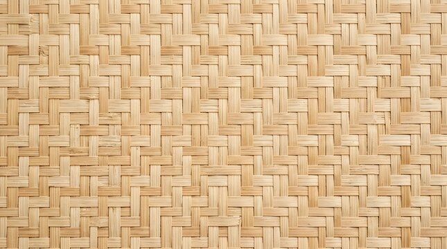 Close up view of a hand woven bamboo mat texture showing intricate patterns and natural light brown colors