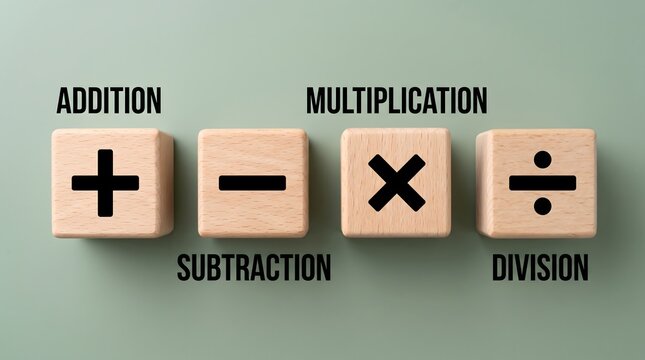 Four wooden blocks displaying basic mathematical operation symbols including addition subtraction multiplication and division arranged in a row on a light green background