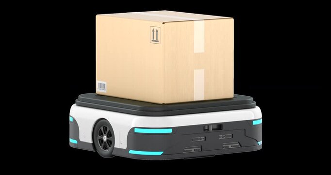 Autonomous mobile warehouse robot with cargo box rotation animation seamlessly loopable. 3D rendering isolated on transparent background