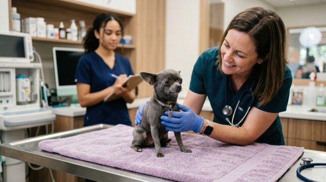 Veterinarian examines small gray dog with care while assistant takes notes in a medical office during the day