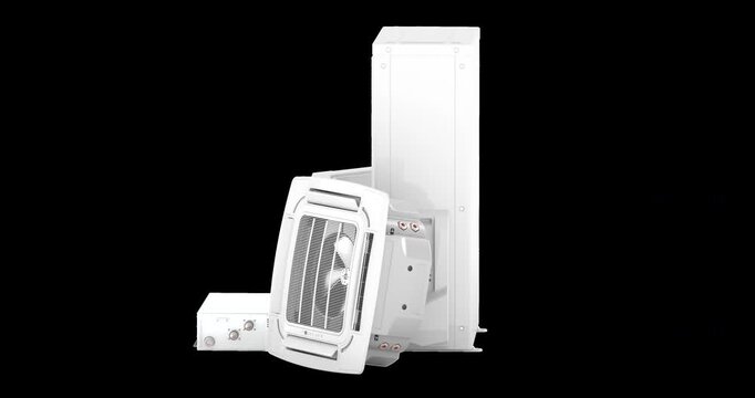 Air conditioner outdoor compressor, ceiling cassette, floor standing air conditioner and slim duct ceiling unit rotation animation seamlessly loopable. 3D rendering isolated on transparent background