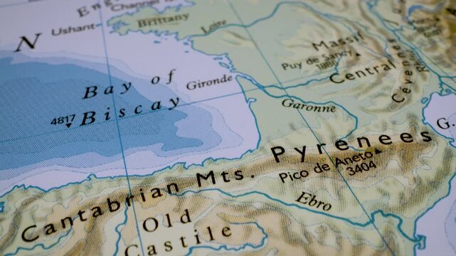 cinematic gliding flight from brittany to the iberian peninsula across a physical map