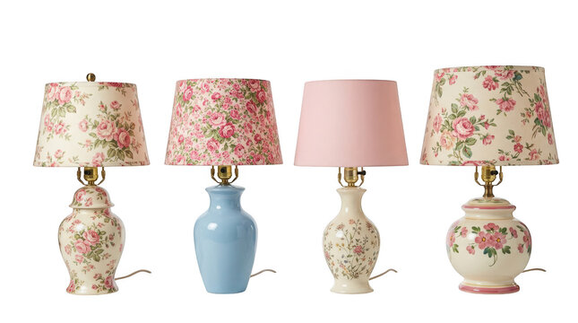 Collection of vintage floral table lamps isolated on transparent background