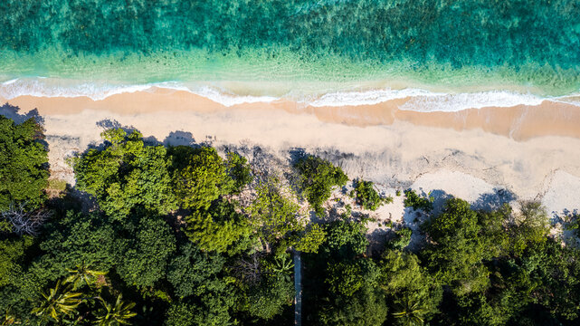 Aerial view of Waebela beach featuring turquoise waves washing onto white sand bordered by dense tropical vegetation in Inerie, East Nusa Tenggara, Indonesia.