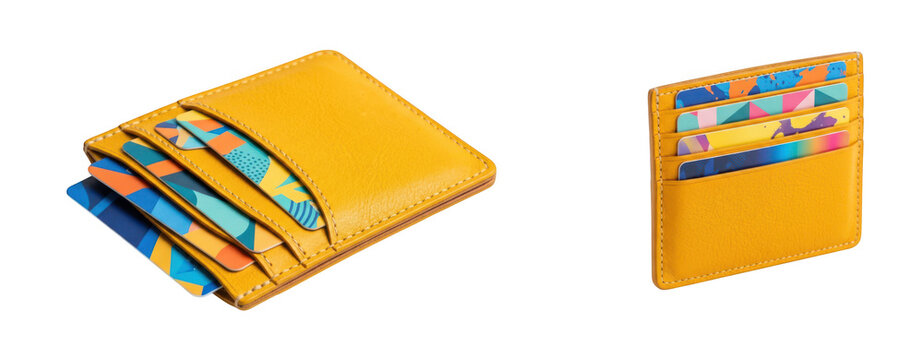 Yellow leather card holder wallet with colorful credit cards isolated on transparent background