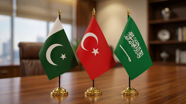 Flags of Pakistan Turkey and Saudi Arabia Displayed Together on a Table