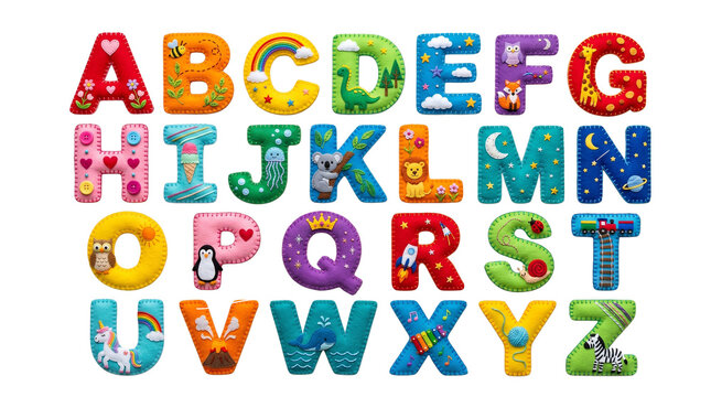 Colorful pixel art alphabet letters with cute animal and nature patterns for children educational design projects