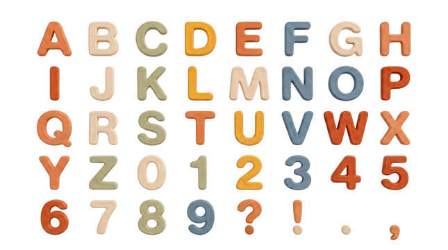 Set of pixel art alphabet letters and numbers in a vintage color palette for retro video game design elements