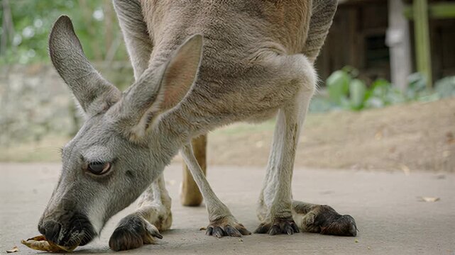 Close-up of a kangaroo eating a fallen leaf on the ground