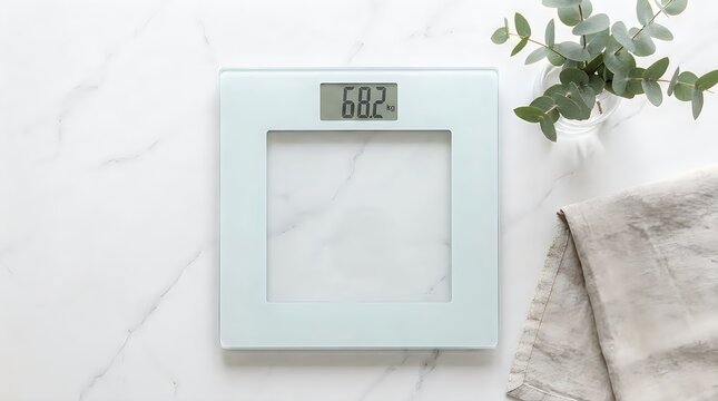 Digital bathroom scale displaying 68.2 kg on white marble surface with eucalyptus plant and linen