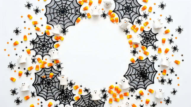 Halloween Halloween flat lay frame with spider webs and candy corn. Spooky holiday border on white background. Festive seasonal party invitation template.