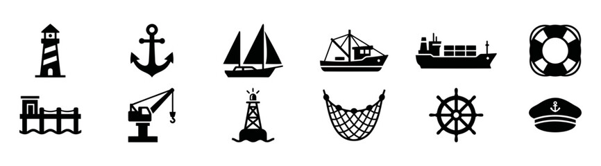 Set of black nautical and maritime icons featuring ships lighthouse anchor and various marine equipment silhouettes © Abul