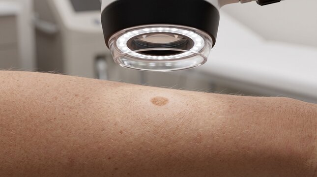 Dermatologist examining mole on skin with dermatoscope tool