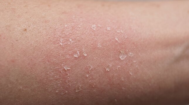 Macro close up of dry peeling sunburnt skin on human arm