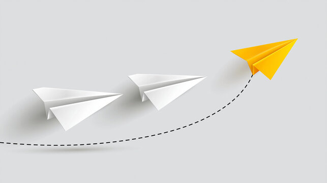 Three white paper airplanes flying in straight line with single yellow paper airplane breaking away on curved path, leadership and innovation symbolism, with copy space