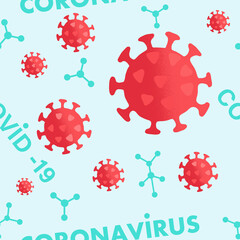 Abstract full color seamless pattern from images of coronavirus in red tones on a blue background